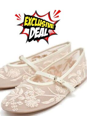 Embroidered Floral Mesh Ballet Flats Mary Jane Slip On Comfort Shoes